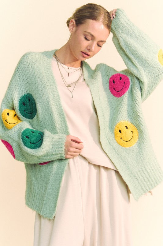 Davi & Dani Fuzzy Smile Open Front Long Sleeve Cardigan